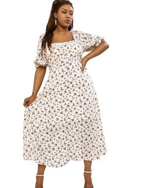 Shein - White Floral Midi Dress with Puff Sleeves